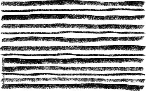 Straight uneven lines drawn with chalk, charcoal. Horizontal black ground texture. Hand drawn careless strokes crayon drawn lines background. Kids checkered wrapping paper. Vector boodle line, stripes