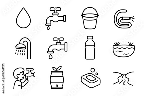 Water Conservation Icons. Outline icon set of children saving water: water drop, faucet, bucket, water hose,