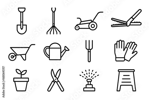Outdoor Landscaping Icons. Outline icon set of outdoor landscaping: shovel, rake, lawnmower, hedge trimmer,