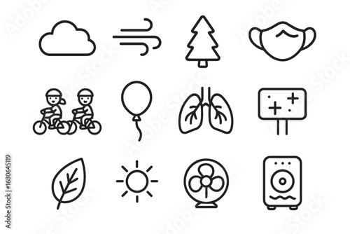 Children Air Quality Icons. Outline icon set of children air quality awareness: cloud, wind, tree, face mask,