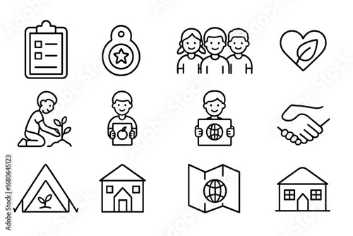 Children Eco Icons. Outline icon set of children eco volunteering: clipboard, badge, group of children,