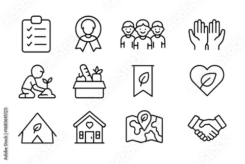 Children Eco Icons. Outline icon set of children eco volunteering: clipboard, badge, group of children,