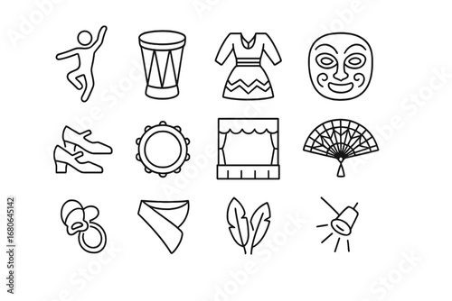 Folk Dance Icon Set. Outline icon set of folk dance traditions: dancer silhouette, drum, folk costume, mask,