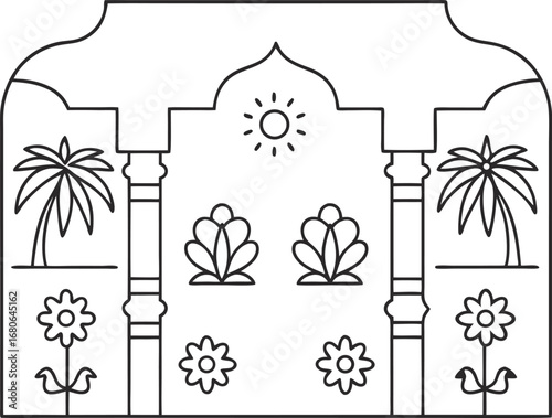 Minimalist illustration of an indian archway with palm trees, flowers, and a sun, a simple and elegant design for various uses