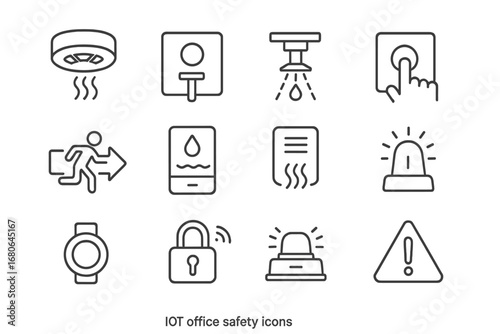 IoT Safety Icon Set. Outline icon set of IoT office safety: smoke detector, fire alarm, sprinkler, emergency