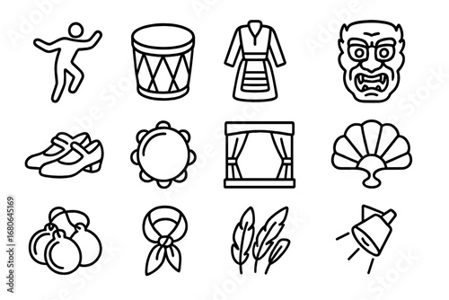 Folk Dance Icon Set. Outline icon set of folk dance traditions: dancer silhouette, drum, folk costume, mask,