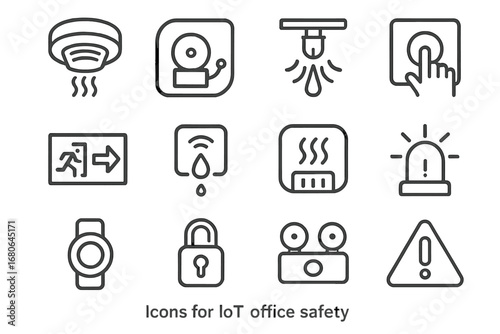 IoT Safety Icon Set. Outline icon set of IoT office safety: smoke detector, fire alarm, sprinkler, emergency