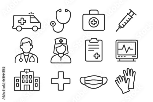 Medical Emergency Icons. Outline icon set of medical emergency coordination: ambulance, stethoscope, medical