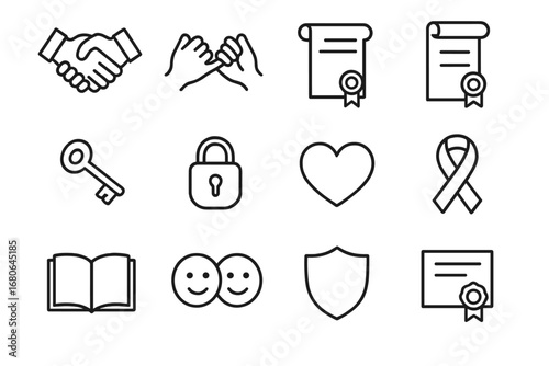 Friendship Promise Icons. Outline icon set of promises in friendships: handshake, pinky swear, scroll, wax