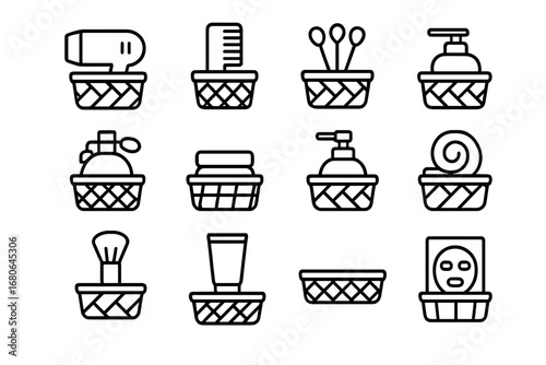 Bathroom Vanity Icons. Outline icon set of bathroom vanity baskets: hairdryer, comb, cotton swabs, nail polish