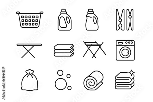 Laundry Icon Set. Outline icon set of laundry basket storage: laundry basket, detergent bottle, fabric