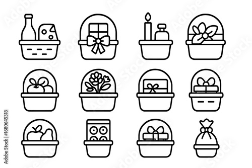 Gift Basket Icons. Outline icon set of gift baskets: wine bottle, cheese, chocolate, ribbon, candle, perfume,