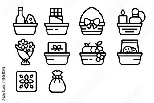 Gift Basket Icons. Outline icon set of gift baskets: wine bottle, cheese, chocolate, ribbon, candle, perfume,