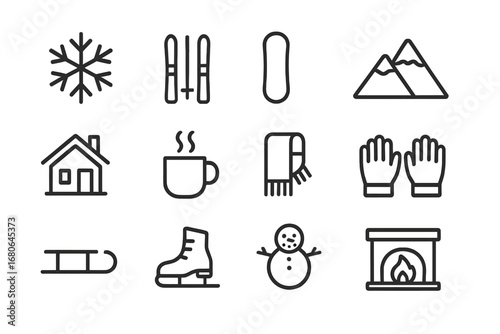 Winter Travel Icons. Outline icon set of winter travel guides: snowflake, skis, snowboard, mountain, cabin,