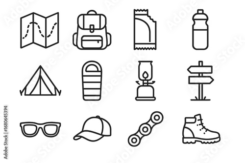 Cycling Trip Icons. Outline icon set of weekend cycling trip: folded map, backpack, snack bar, water bottle,