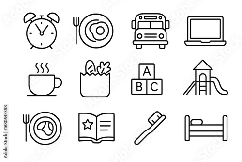 Daily Parent Routine Icons. Outline icon set of daily routine for parents: alarm clock, breakfast plate,