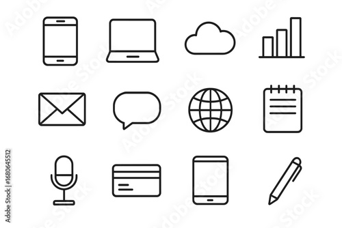 Business Tools Icons. Outline icon set of location-independent business tools: smartphone, laptop, cloud icon,
