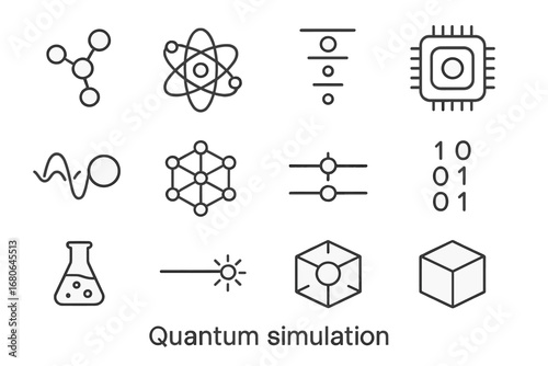Quantum Simulation Icons. Outline icon set of quantum simulation: molecule, atom orbit, energy levels, qubit
