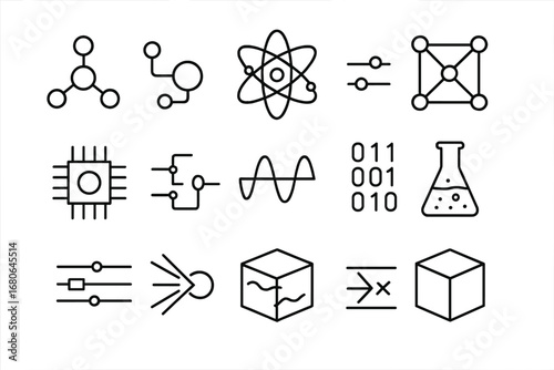Quantum Simulation Icons. Outline icon set of quantum simulation: molecule, atom orbit, energy levels, qubit