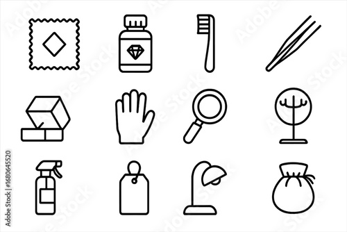 Jewelry Care Essentials. Outline icon set of jewelry care and maintenance: polishing cloth, cleaning solution,