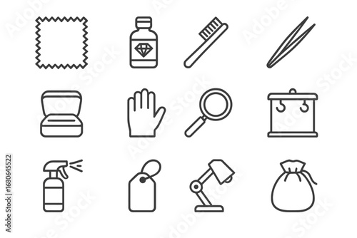Jewelry Care Essentials. Outline icon set of jewelry care and maintenance: polishing cloth, cleaning solution,