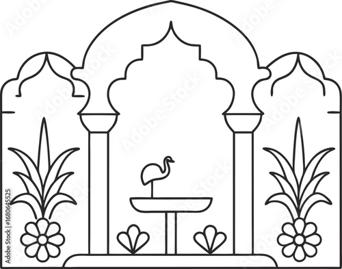 Minimalist illustration of an indian archway with plants and a bird fountain, a simple and elegant design for various uses