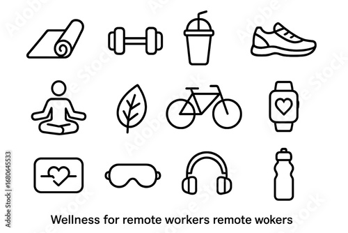 Remote Worker Wellness Icons. Outline icon set of wellness for remote workers: yoga mat, dumbbell, smoothie