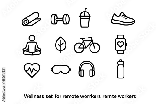 Remote Worker Wellness Icons. Outline icon set of wellness for remote workers: yoga mat, dumbbell, smoothie