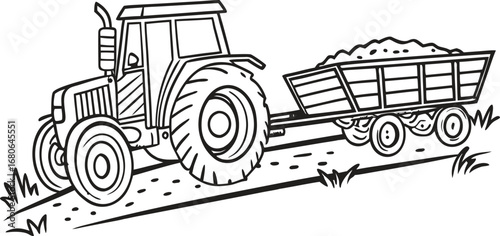 Detailed vector illustration of a farm tractor with large rear wheels and a two wheeled trailer on a clean white background