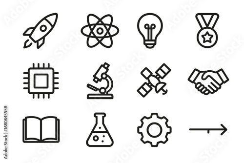 Quantum Breakthrough Icons. Outline icon set of quantum breakthroughs: rocket, atom, light bulb, medal, chip,