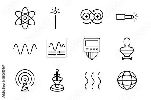 Quantum Teleportation Icons. Outline icon set of quantum teleportation: atom model, photon beam, entangled