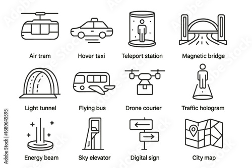 Sci-Fi Transport Icons. Outline icon set of sci-fi city transport: air tram, hover taxi, teleport station,