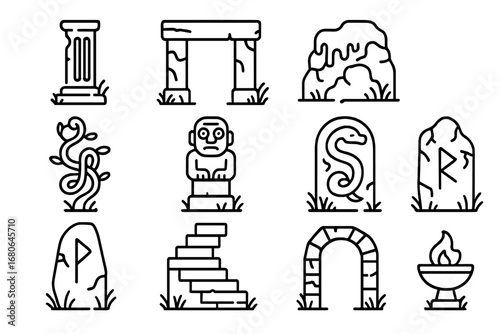 Ancient Ruins Icons. Outline icon set of ancient ruins in forest: broken pillar, stone gate, moss, vine, idol