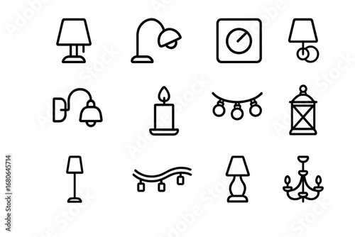 Cozy Lighting Icons. Outline icon set of cozy bedroom lighting: bedside lamp, reading light, dimmer, wall