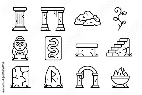 Ancient Ruins Icons. Outline icon set of ancient ruins in forest: broken pillar, stone gate, moss, vine, idol