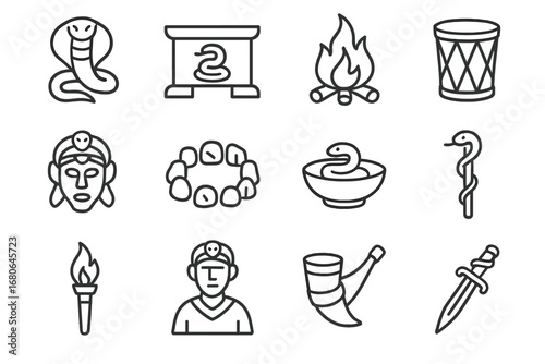 Snake Ritual Icons. Outline icon set of snake worship rituals: serpent idol, altar, fire, drum, mask, circle