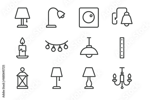 Cozy Lighting Icons. Outline icon set of cozy bedroom lighting: bedside lamp, reading light, dimmer, wall