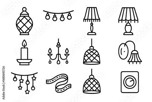 Bohemian Lighting Icons. Outline icon set of bohemian-style lighting: lantern, string lights, floor lamp,