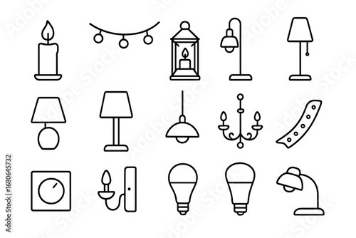 Ambient Lighting Icons. Outline icon set of ambient evening lighting: candle, fairy lights, lantern, floor