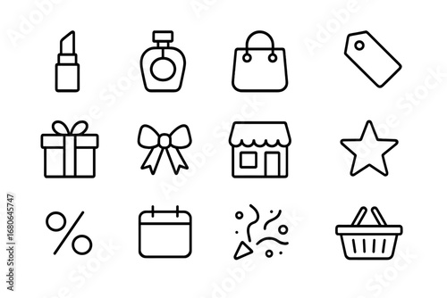 Beauty Sale Icon Set. Outline icon set of beauty sale flyer: lipstick, perfume bottle, shopping bag, price tag