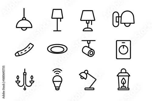 Minimal Lighting Icons. Outline icon set of minimal modern lighting: pendant light, floor lamp, table lamp,