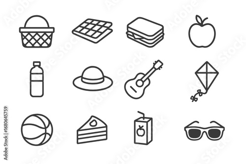 Picnic Icons Set. Outline icon set of picnic in parks: picnic basket, blanket, sandwich, apple, water bottle,