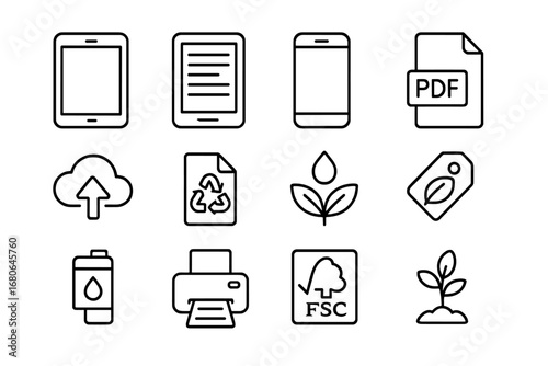 Digital Printing Icons. Outline icon set of digital printing alternatives: tablet, e-reader, smartphone, PDF