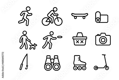 Park Activity Icons. Outline icon set of park activities: jogger, cyclist, skateboard, yoga mat, dog walker,