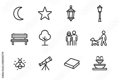 Evening Park Icons. Outline icon set of evening in parks: moon, star, lantern, lamp post, bench, tree, couple,