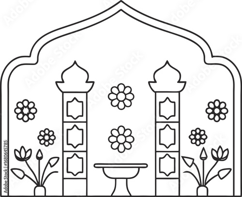 Indian architecture line art illustration outline drawing of a mughal arch with flowers and a fountain in the center