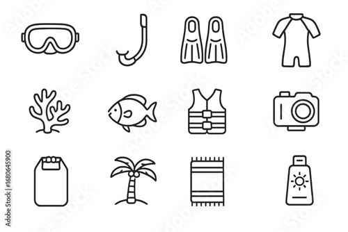 Snorkeling Icon Set. Outline icon set of snorkeling: mask, snorkel tube, fins, wetsuit, coral reef, tropical