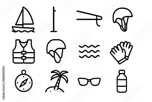 Sailing Icon Set. Outline icon set of sailing: sailboat, mast, boom, life vest, helmet, gloves, compass, waves