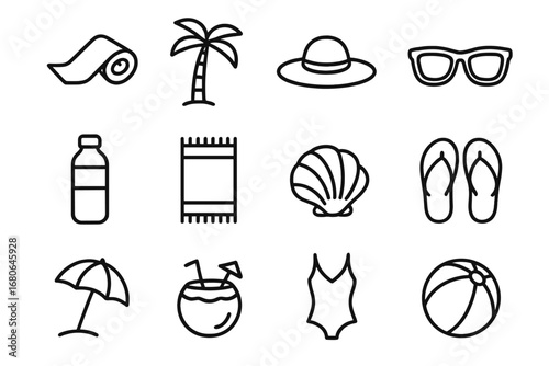 Beach Yoga Icons. Outline icon set of beach yoga: yoga mat, palm tree, sun hat, sunglasses, water bottle,