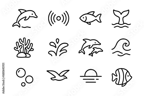 Dolphin Communication Icons. Outline icon set of dolphin pod communication: leaping dolphin, sonar wave, fish,